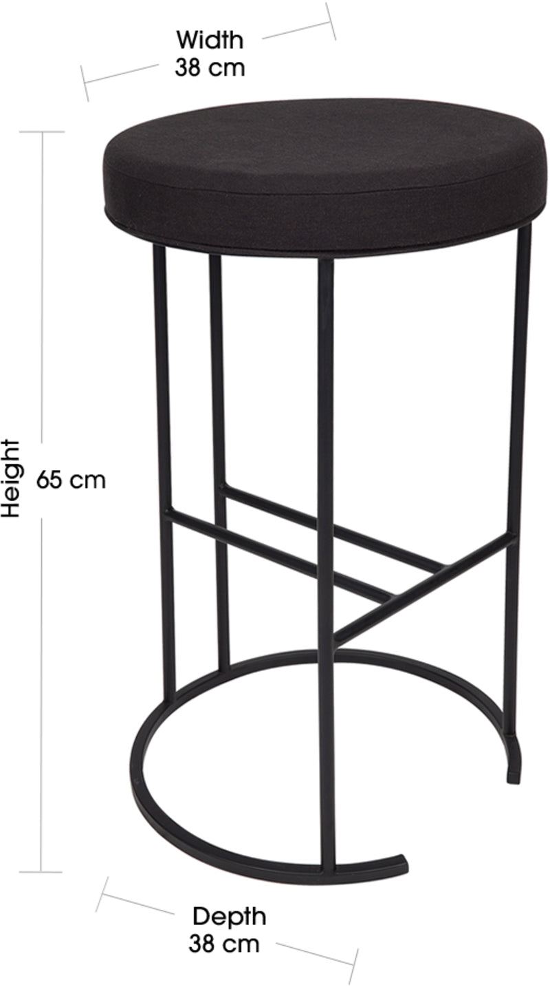 Capri Black Iron Bar Stool in Black Linen - 65m Seat Height - dimensions