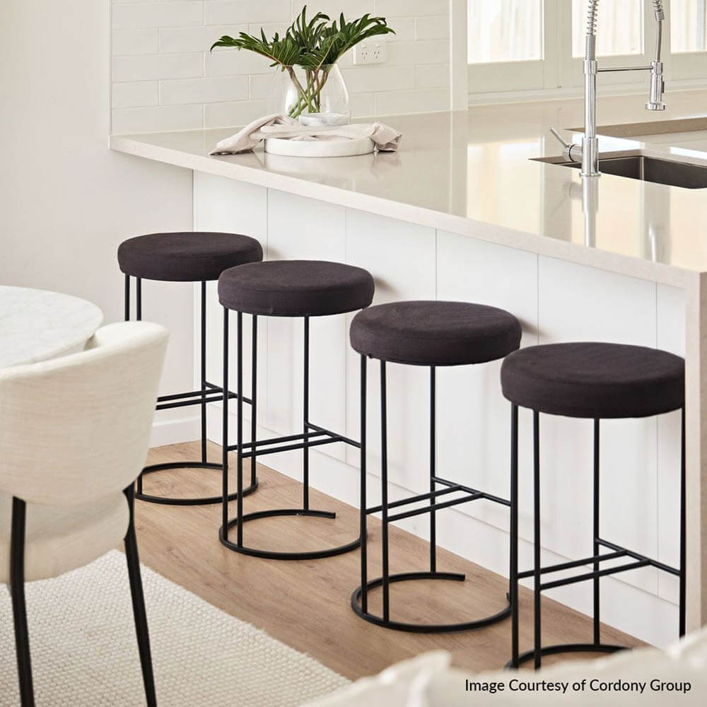 Capri Black Iron Bar Stool in Black Linen - 65m Seat Height - with background